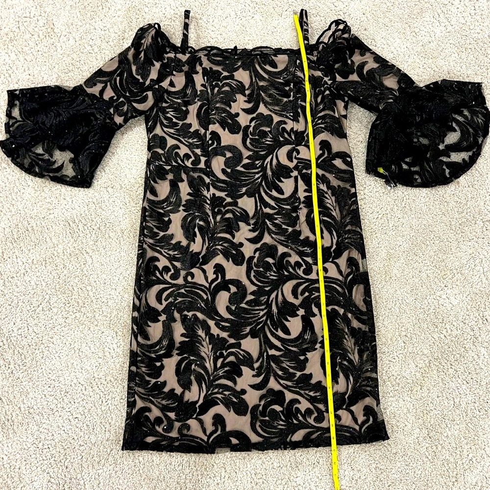 Women's R&M Richards Off-The-Shoulder Embroidered Sheath Dress Black/Tan Size 16